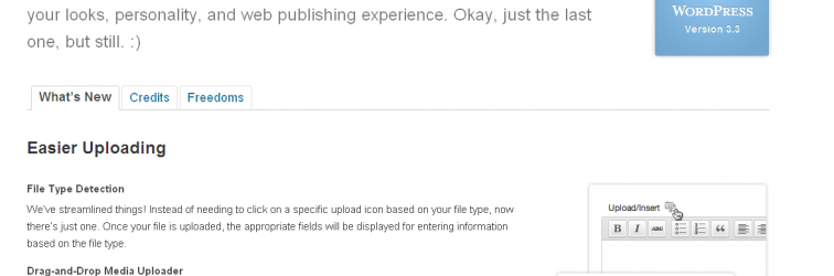 WordPress 3.3 welcome screen