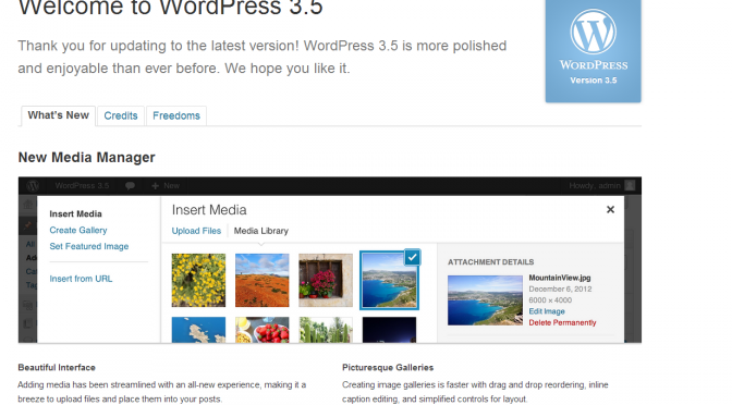 Screenshot of WordPress 3.5 welcome screen showing media manager