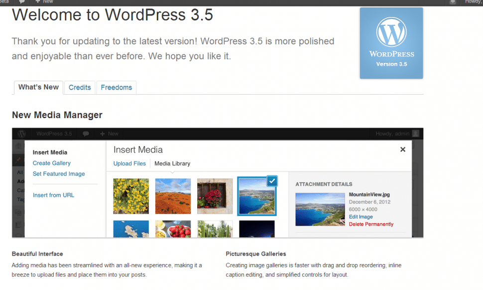Screenshot of WordPress 3.5 welcome screen showing media manager